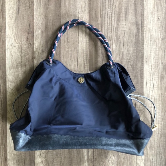 Tory Burch Navy Blue Nylon Cinched Tote Bag - Picture 2 of 14